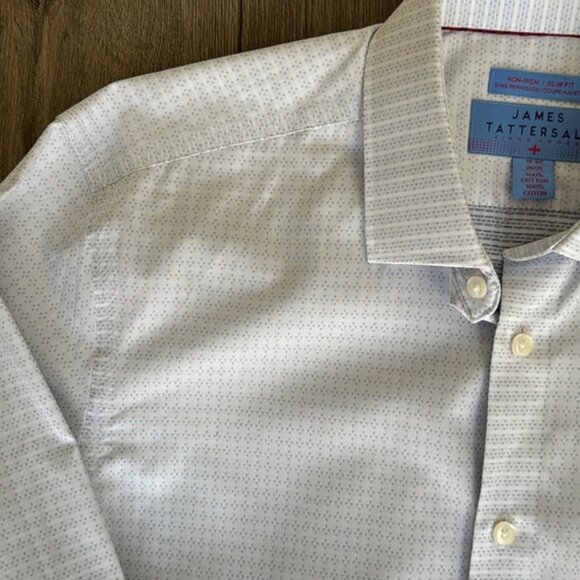 NWT men s James Tattersall White and Light Blue Business Dressy Button Down - Picture 3 of 6